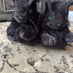 Plush Black Cat Slippers with Green Eyes